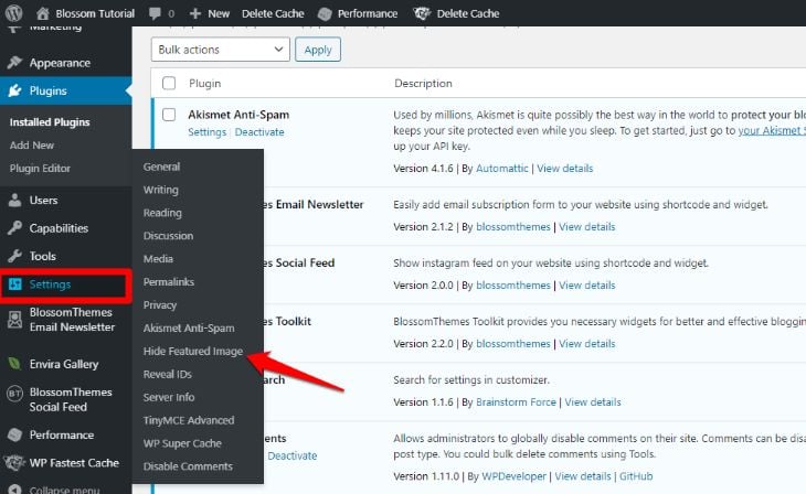 Access hide featured image plugin from dashboard