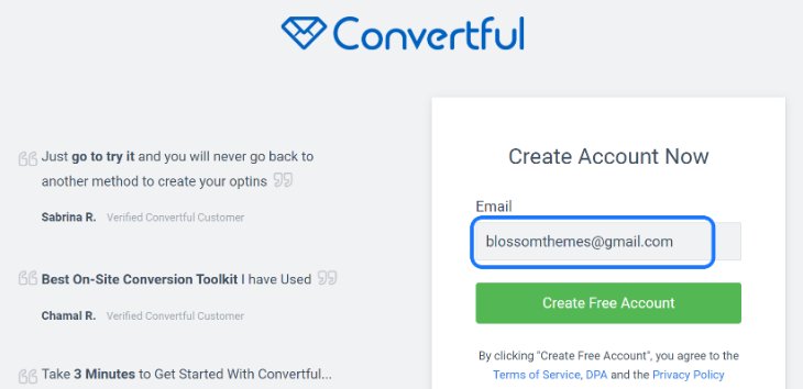 Account Creation Page in Convertful Online Marketing Tool