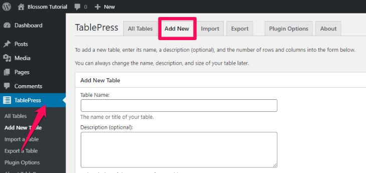 Add new table using tablepress plugin