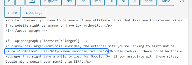 Adding nofollow tag in HTML editor using WordPress classic editor