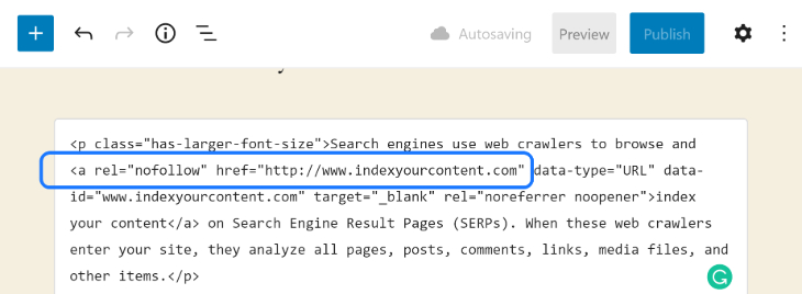 Adding nofollow tag manually in HTML editor of WordPress