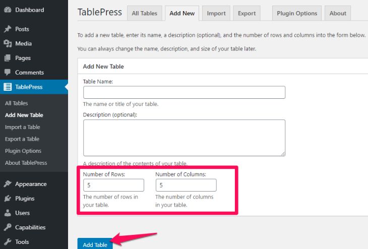 Assign number of rows and columns with Tablepress plugin