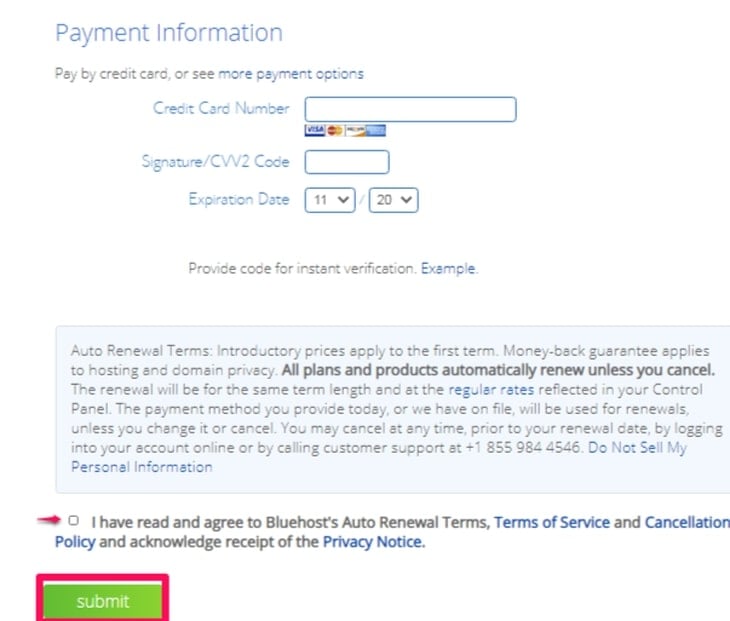 bluehost payment information