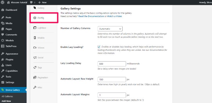 configuration tab on envira plugin