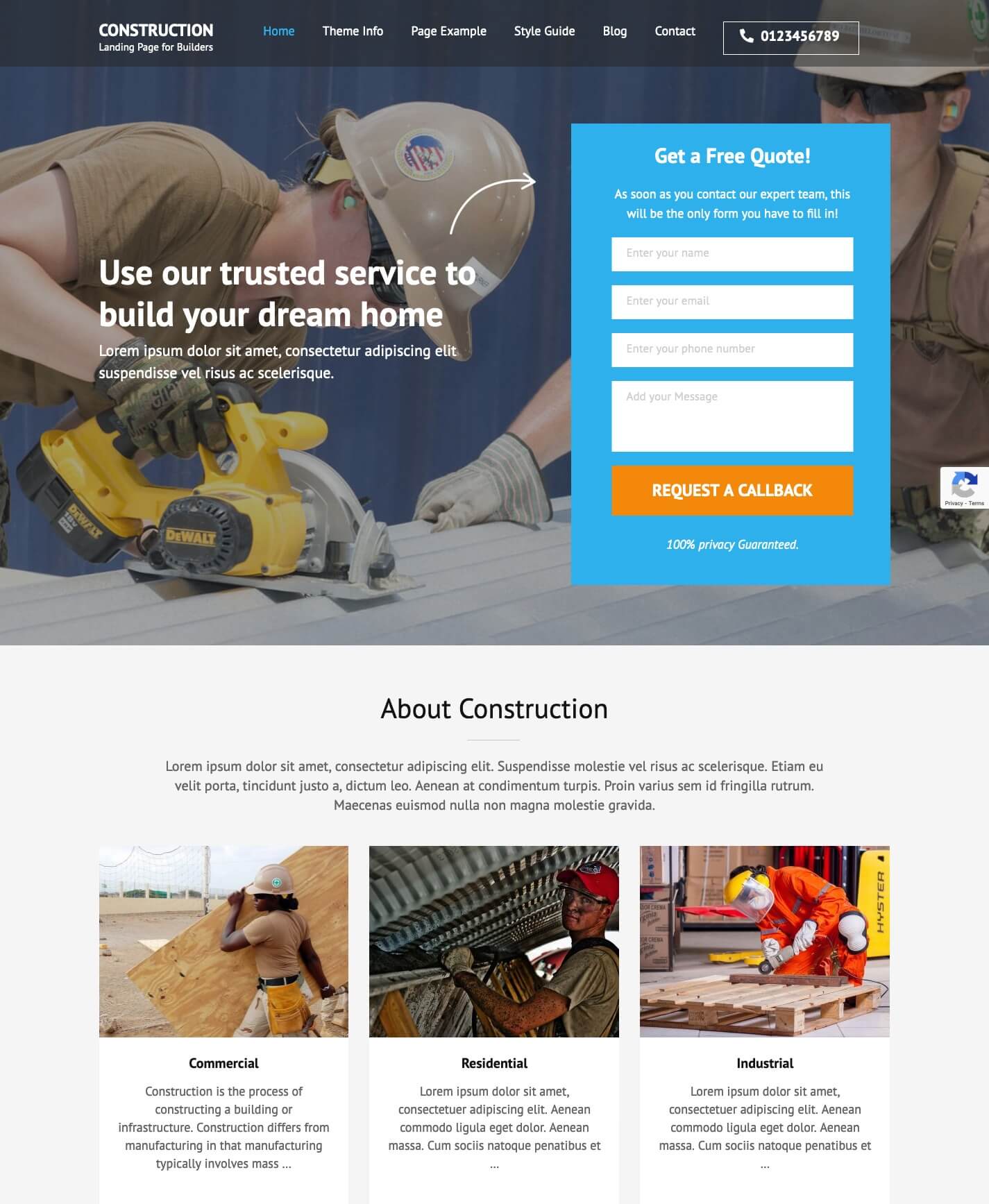 Construction Landing Page Free WordPress Theme