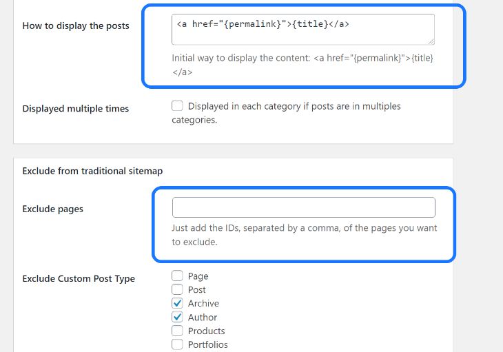 Customization settings of the WP Sitemap Page WordPress plugin