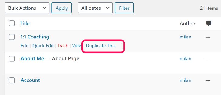 Displaying the Duplicate This button below page title in WordPress