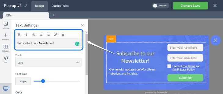 Editing the Subscription Pop-Up Form in Convertful Dashboard