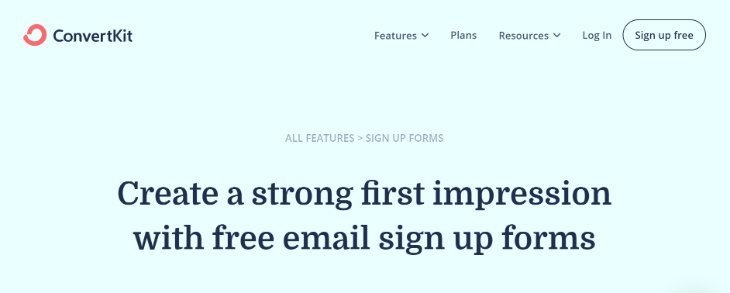 Email Signup Page of ConvertKit Email Marketing Tool’s Website