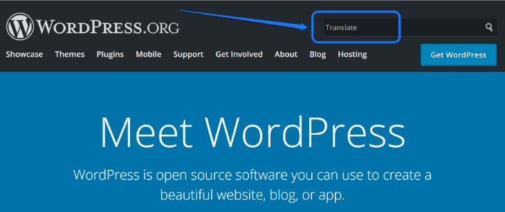 Entering the keyword translate in the search bar of WordPress.org