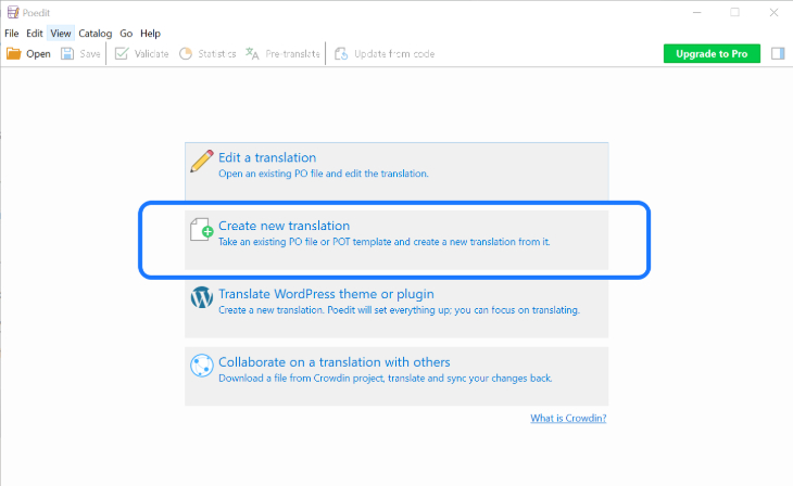 Highlighting the Create new translation option of the Poedit application