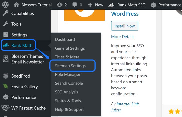 Highlighting the Sitemap settings under the RankMath option