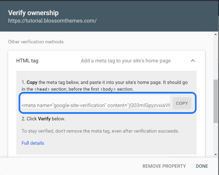 HTML tag of Google Search Console for verifying ownership of website