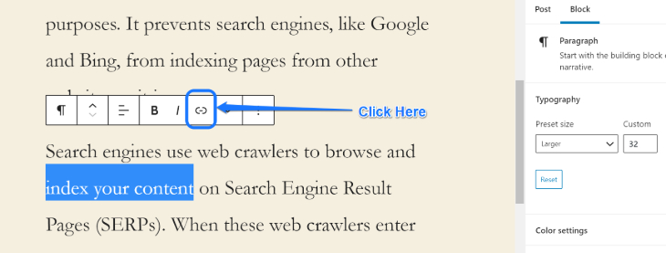 Illustrating the Link button to add hyperlink to the selected text