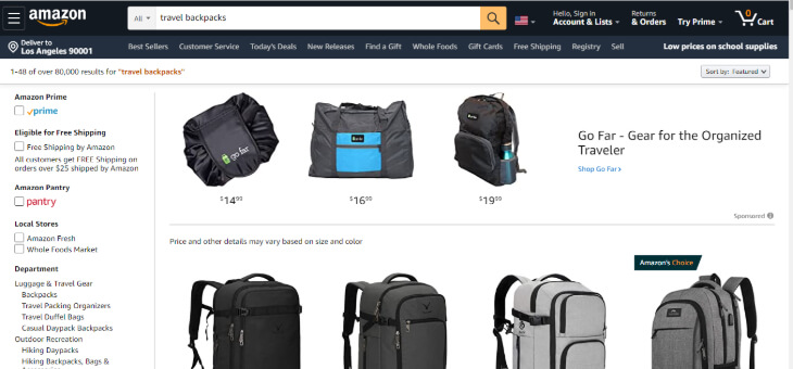 Search result of backpacks in Amazon 