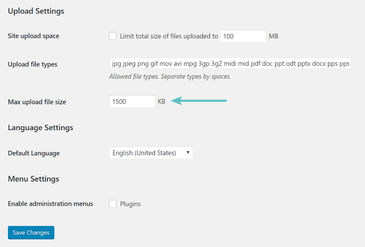 Upload setting in WordPress Dashboard