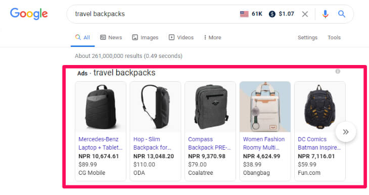 Search result of travel backpacks 