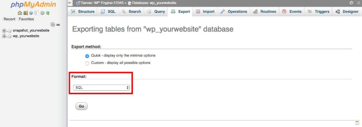 Select export method and set format to SQL.