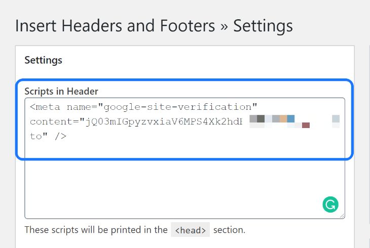 Inserting HTML tag into the Scripts in Header text box of WordPress