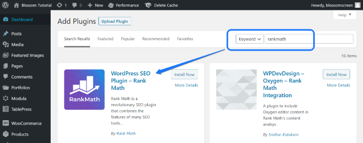 Inserting RankMath’s keyword and installing it on WordPress