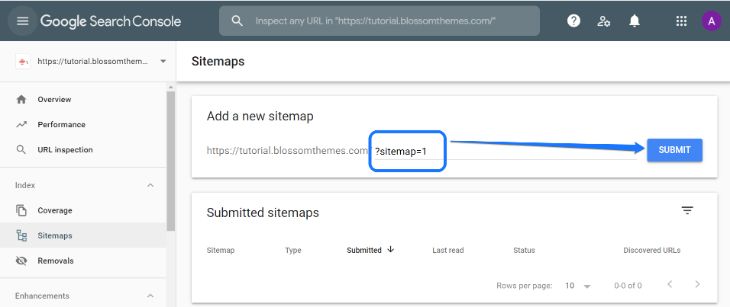 Inserting XML sitemap feed URL in Google Search Console’s dashboard