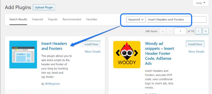 Installing and activating Insert Headers and Footers WordPress plugin