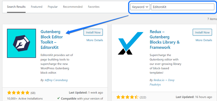 Installing Gutenberg Block Editor Toolkit - EditorsKit plugin