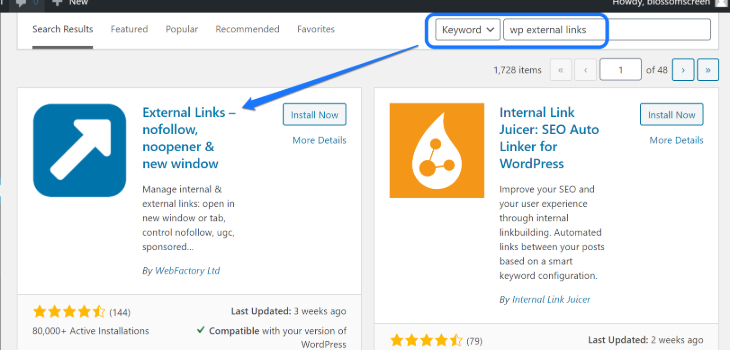 Installing the External Links plugin in WordPress