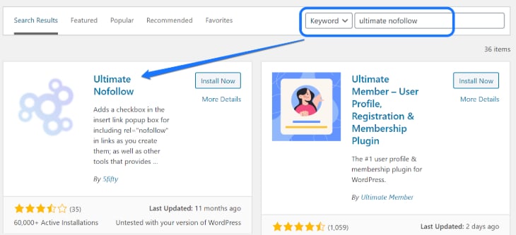 Installing the Ultimate Nofollow plugin in WordPress