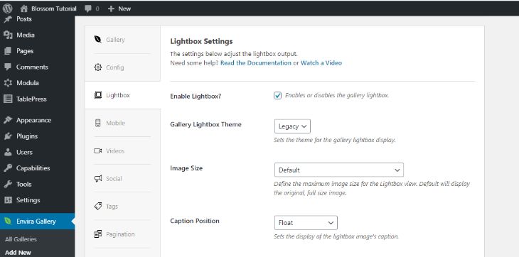 lightbox setting tab on envira plugin