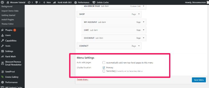 menu settings in WordPress