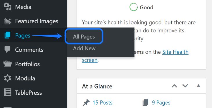 Pointing at the All Pages button inside Pages option in WordPress