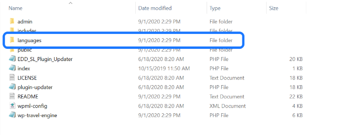 Pointing at the Languages sub-folder inside the WP Travel Engine’s folder