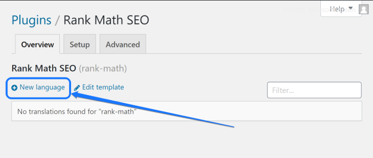 Pointing at the New Language button to translate the RankMath plugin