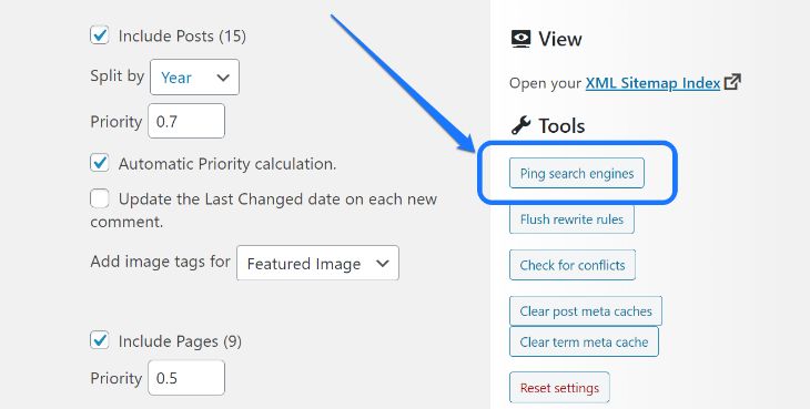 Pointing at the Ping Search Engines button in WordPress