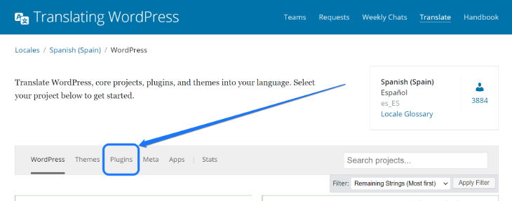 Pointing at the Plugins button in the Translating WordPress page
