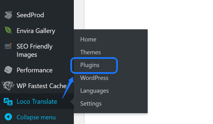 Pointing at the Plugins button inside Loco Translate’s drop-down menu