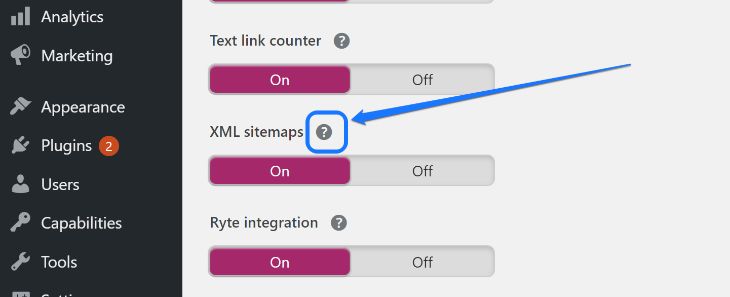 Pointing at the Question symbol of XML sitemaps in WordPress