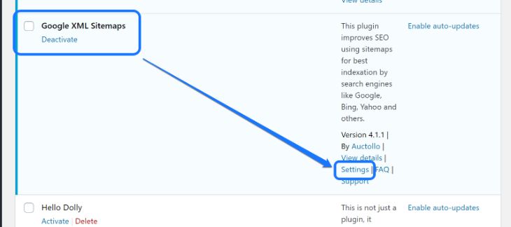 Pointing at the Settings button of Google XML Sitemaps plugin