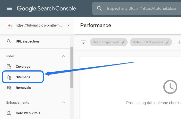 Pointing at the Sitemaps option in sidebar of Google Search Console