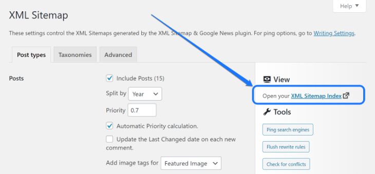 Pointing at the XML Sitemap Index hyperlink in WordPress