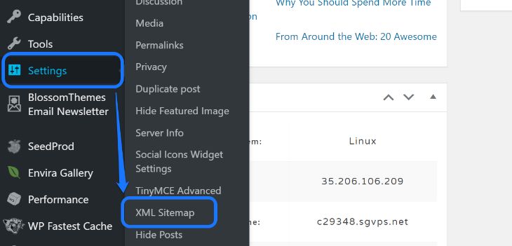 Pointing at the XML Sitemap option inside Settings option in WordPress