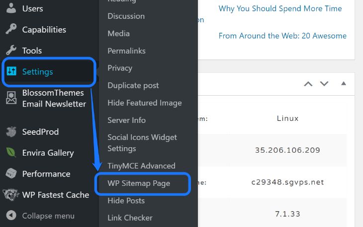 Pointing at WP Sitemap Page button inside Settings option in WordPress