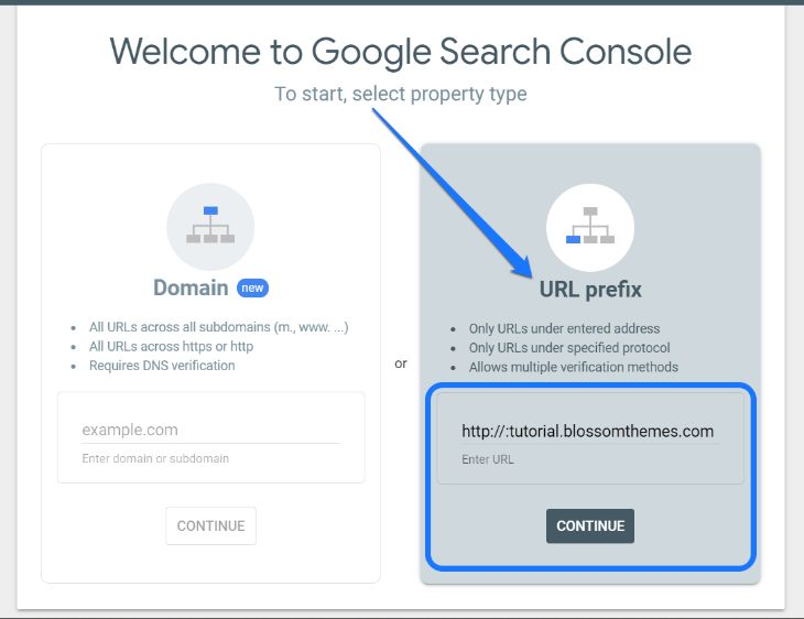 Pointing to the URL Prefix option in the Google Search Console page