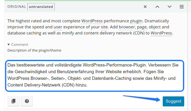 Providing German translation to the original text in Translating WordPress page