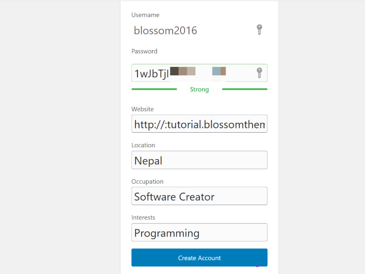 Providing password, website, and other details for creating account in WordPress.org