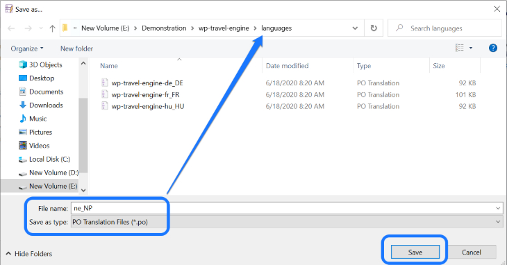 Saving the translation file of WP Travel Engine at its Languages folder