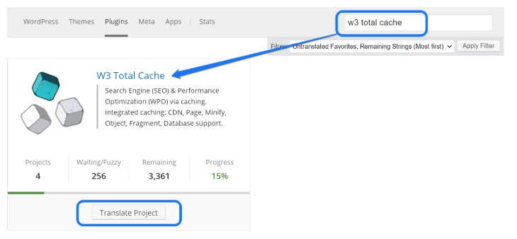 Searching for the W3 Total Cache plugin in the Translating WordPress page