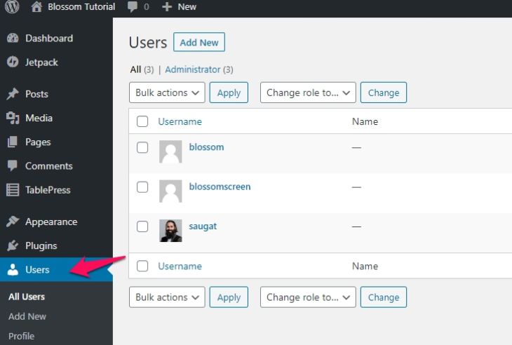 Select the user on WordPress dashboard