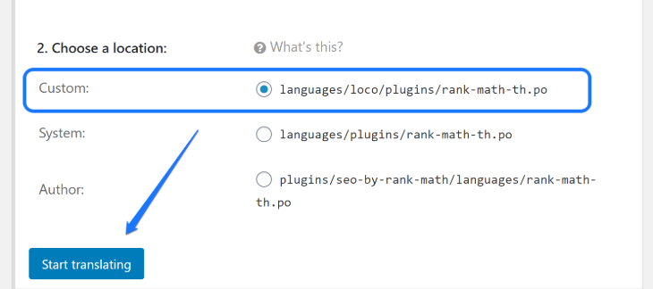 Selecting a URL location for saving the translation file from Loco Translate plugin